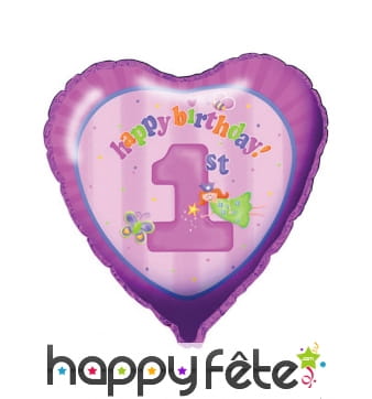 Ballon 1er anniversaire rose en forme de coeur