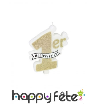 Bougie 1er anniversaire dorée pailletée, 10x8cm