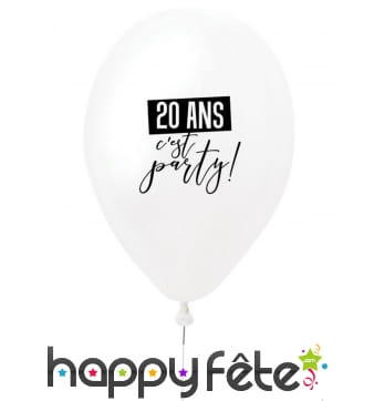 Ballon 20 ans c'est party blanc en latex de 27 cm