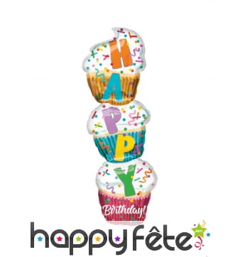 Ballon 3 cupcakes Happy Birthday, 33 x 104 cm