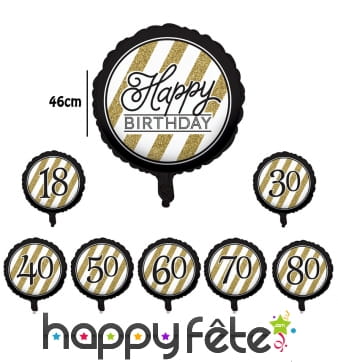 Ballon aluminium d'anniversaire noir et or