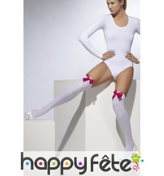 Bas blanc opaque avec ruband rose fuchsia