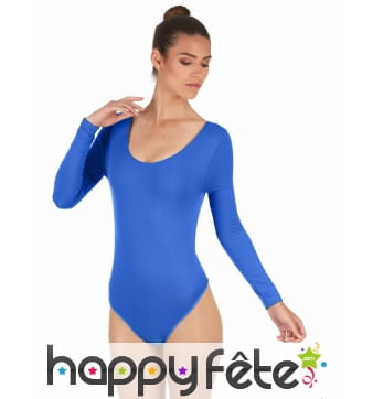 Body bleu uni avec longues manches, pour femme