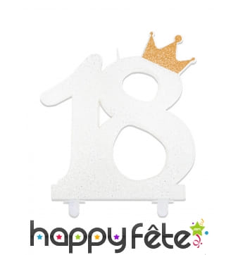 Bougie chiffre 18 blanche avec couronne de 12 cm