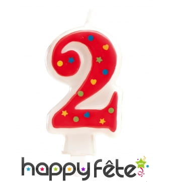 Bougie chiffre 2 rouge à pois multicolores