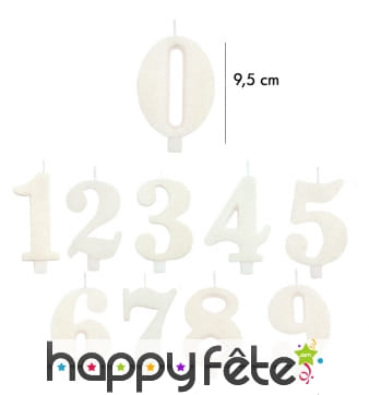 Bougie chiffre blanche à paillettes de 9,5 cm