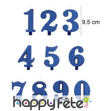 Bougie chiffre bleue à paillettes de 9,5 cm