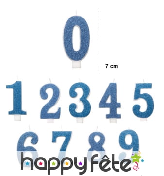 Bougie chiffre bleue pailletée de 7 cm
