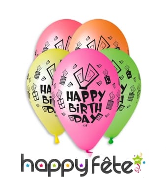 Ballons colorés imprimé Happy Birthday, par 5