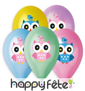 Ballons colorés imprimé hibou, par 5