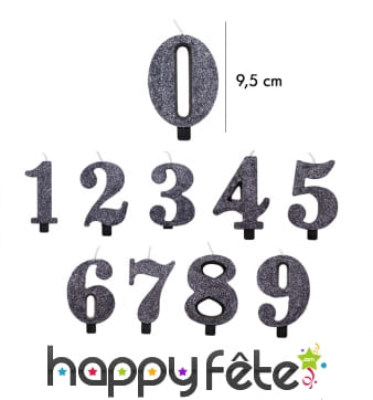 Bougie chiffre noire à paillettes de 9,5 cm