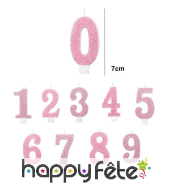 Bougie chiffre rose à paillettes de 7 cm
