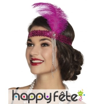 Bandeau charleston sequins rose avec plume