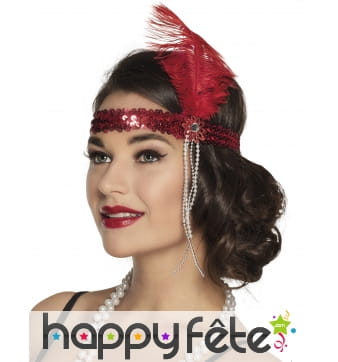 Bandeau charleston sequins rouge avec plume