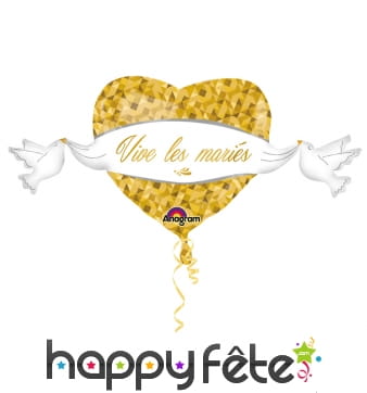 Ballon coeur vive les mariés, doré