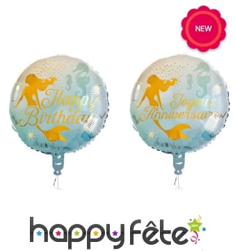 Ballon d'anniversaire rond métallisé sirène, 45cm