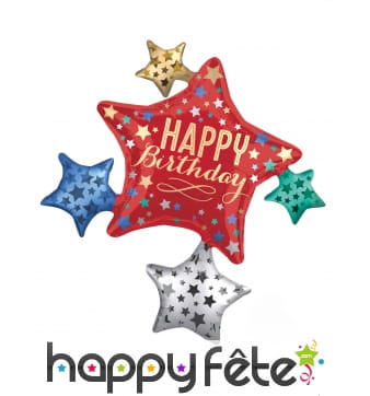 Ballon étoiles happy birthday coloré, 81 x 88 cm