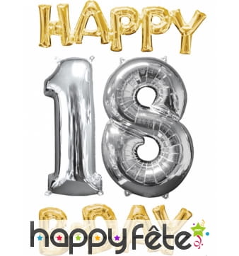 Ballons Happy B-day 18 alu doré et argenté