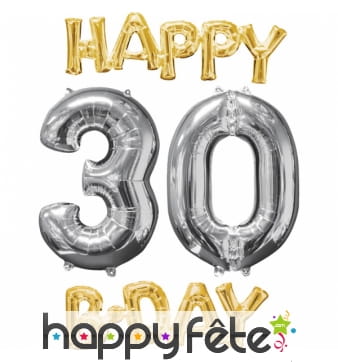 Ballons Happy B-day 30 alu doré et argenté