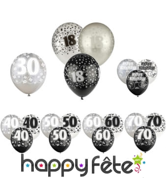Ballons nombre anniversaire noir gris blanc