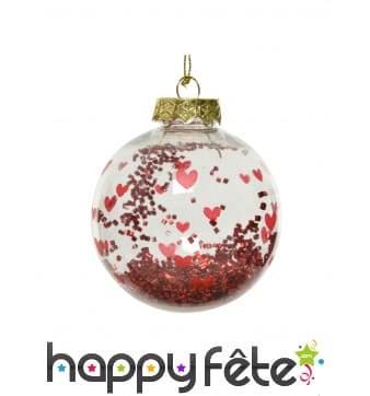 Boule Noël Coeurs Rouges et Confettis, 8cm