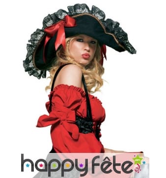 Bicorne noir de piratesse avec ruban rouge