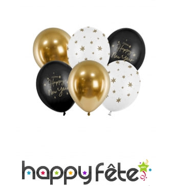 Ballons noirs et dorés Happy New Year, par 6