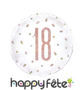 Ballon rond blanc imprimé 18 rose pailleté, 45 cm