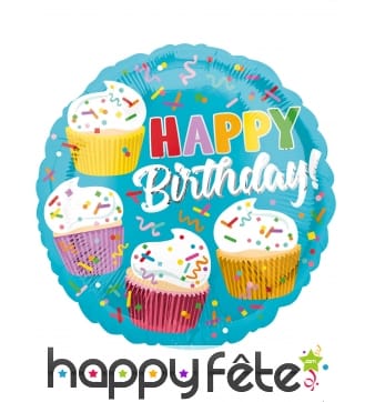 Ballon rond cupcakes Happy Birthday de 43 cm