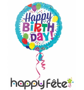 Ballon rond Happy Birthday fond bleu de 43 cm