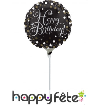 Ballon rond Happy Birthday noir argent chic, 23 cm