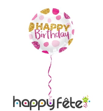 Ballon rond happy birthday rose doré pailleté 45cm