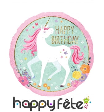 Ballon rond licorne Happy Birthday de 45 cm