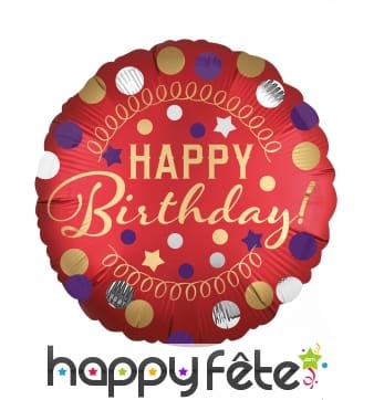 Ballon rond rouge Happy Birthday doré de 43 cm