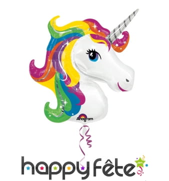 Ballon tête de licorne crinière arc en ciel