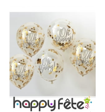 Ballons transparent Oh Baby avec confettis dorées