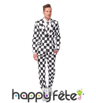 Costume 3 pièces à larges carrés blancs noirs