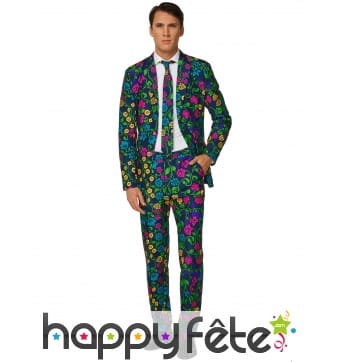 Costume 3 pièces bleu motif floral pour homme