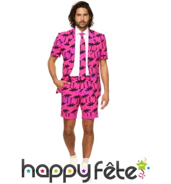 Costume 3 pièces d'été rose imprimé palmiers