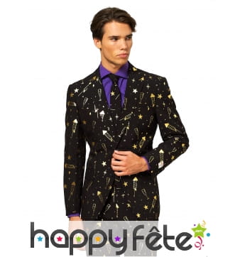 Costume 3 pi&egrave;ces noir motifs feu d'artifice dor&eacute;s