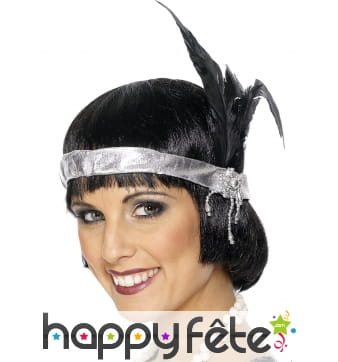 Coiffe charleston argenté plumes noires