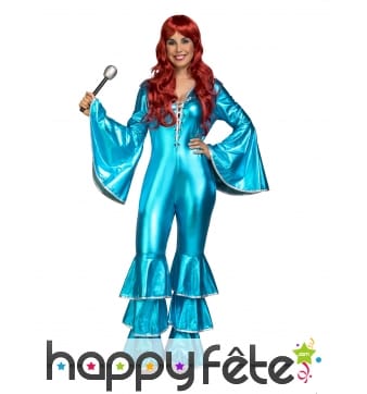 Combinaison disco bleue pour femme, manches larges
