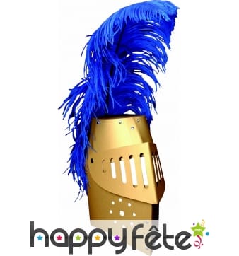Casque de chevalier doré avec plume bleue, enfant