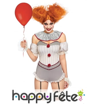 Costume de clown tueur sexy gris et blanc, femme