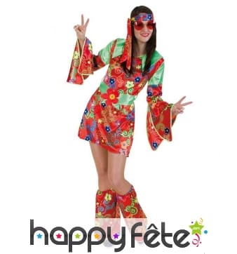 Déguisement Hippie Femme - Robe, Lunettes, Collier Paix - Costume Années 70 Pour Fête Carnaval