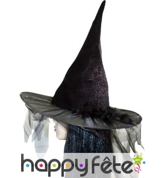 Chapeau de sorciere avec tulle et plumes noires