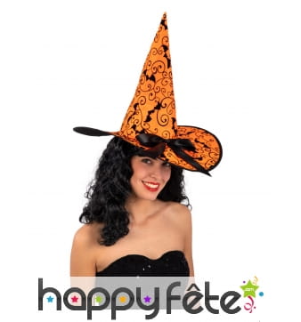 Chapeau de sorcière orange imprimés chauve-souris