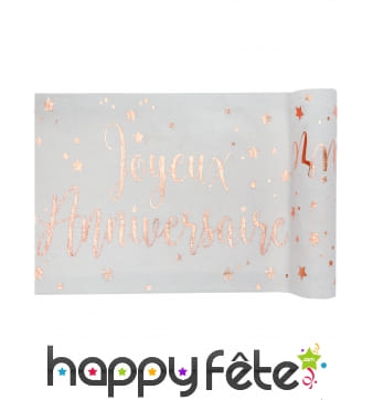 Chemin de table joyeux anniversaire blanc rose or