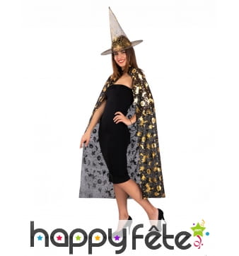 Cape et chapeau noirs de sorcière motifs dorés