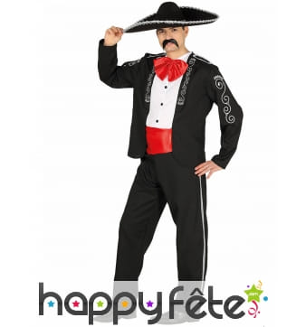 Costume mexicain d'apparat noir et rouge homme